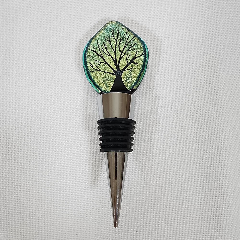 Wine Bottle Stopper Green Tree Dichroic Handmade Fused Glass Art Holiday Gift